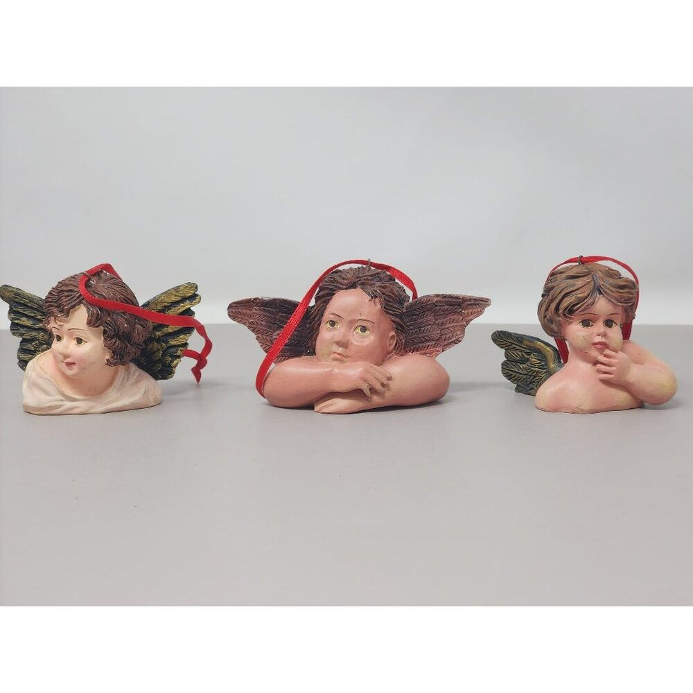 Set Of 3‎ Resin Angel Cherub Ornaments With Green Wings & Red Ribbon Hangers